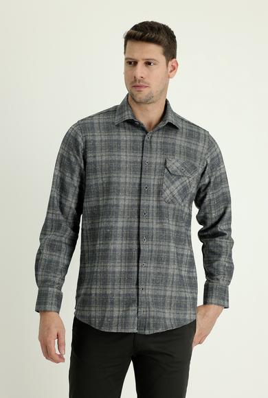 Erkek Giyim - HAVACI MAVİ 3X Beden Uzun Kol Regular Fit Ekose Shacket Gömlek