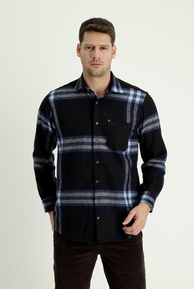 Erkek Giyim - KOYU LACİVERT 4X Beden Uzun Kol Regular Fit Ekose Shacket Gömlek