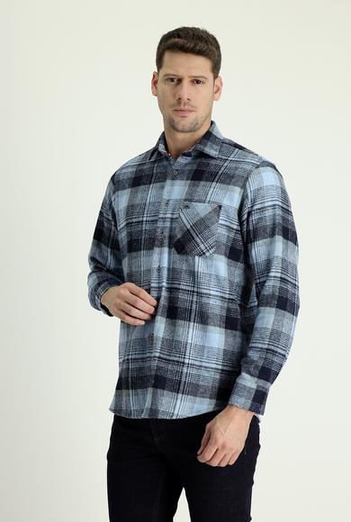 Erkek Giyim - MAVİ 3X Beden Uzun Kol Regular Fit Ekose Shacket Gömlek