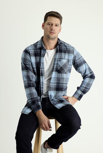 Erkek Giyim - MAVİ 3X Beden Uzun Kol Regular Fit Ekose Shacket Gömlek