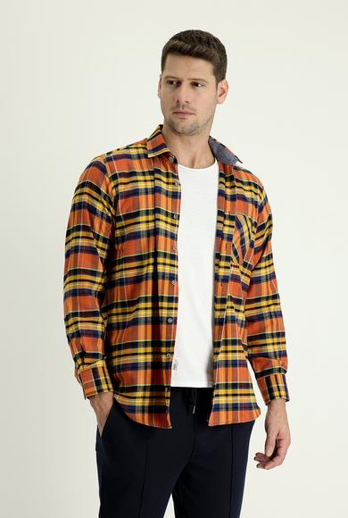 Erkek Giyim - ORTA TURUNCU XL Beden Uzun Kol Regular Fit Ekose Oduncu Gömlek