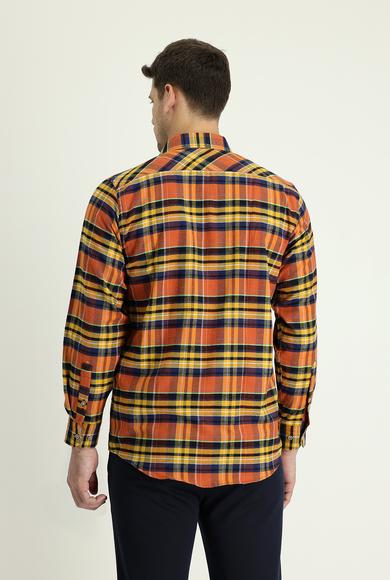 Erkek Giyim - ORTA TURUNCU 3X Beden Uzun Kol Regular Fit Ekose Oduncu Gömlek