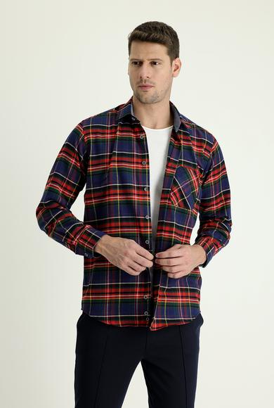 Erkek Giyim - KOYU KIRMIZI XL Beden Uzun Kol Regular Fit Ekose Oduncu Gömlek