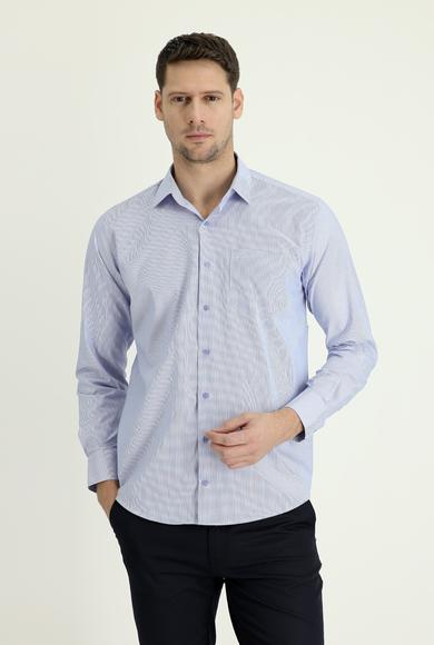 Erkek Giyim - KOYU MAVİ XL Beden Uzun Kol Regular Fit Klasik Çizgili Gömlek