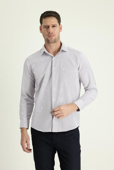 Erkek Giyim - AÇIK KIRMIZI XXL Beden Uzun Kol Regular Fit Klasik Çizgili Gömlek