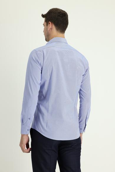 Erkek Giyim - KOYU MAVİ S Beden Uzun Kol Slim Fit Klasik Desenli Gömlek