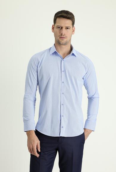 Erkek Giyim - AÇIK MAVİ L Beden Uzun Kol  Slim Fit Desenli Gömlek