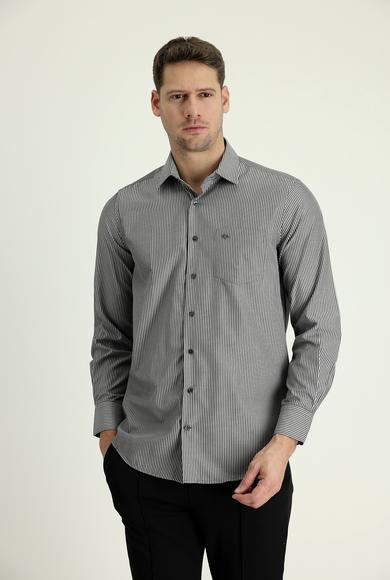 Erkek Giyim - AÇIK SİYAH XXL Beden Uzun Kol Regular Fit Çizgili Gömlek