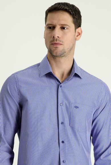 Erkek Giyim - MAVİ XL Beden Uzun Kol Regular Fit Çizgili Gömlek