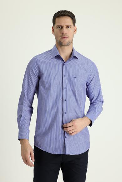 Erkek Giyim - MAVİ L Beden Uzun Kol Regular Fit Çizgili Gömlek