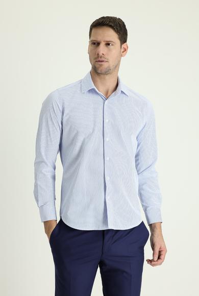 Erkek Giyim - AÇIK MAVİ 3X Beden Uzun Kol Slim Fit Spor Çizgili Gömlek