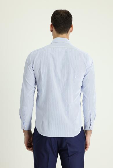 Erkek Giyim - AÇIK MAVİ 3X Beden Uzun Kol Slim Fit Spor Çizgili Gömlek