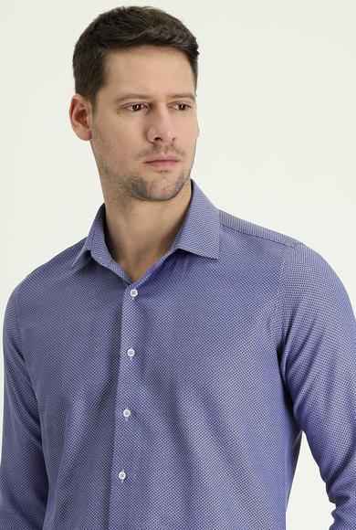 Erkek Giyim - KOYU MAVİ L Beden Uzun Kol Slim Fit Klasik Desenli Gömlek