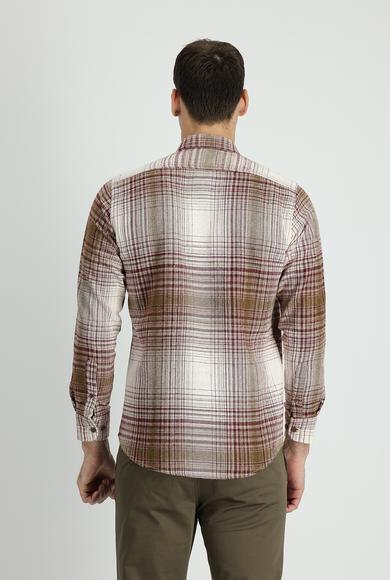 Erkek Giyim - KOYU BORDO XL Beden Uzun Kol Ekose Shacket Oduncu Gömlek
