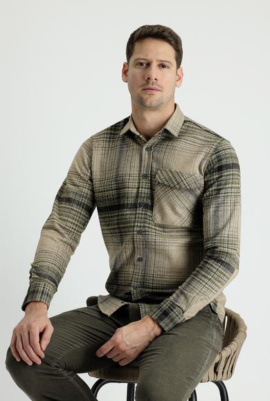 Erkek Giyim - ORTA HAKİ XL Beden Uzun Kol Ekose Shacket Oduncu Gömlek