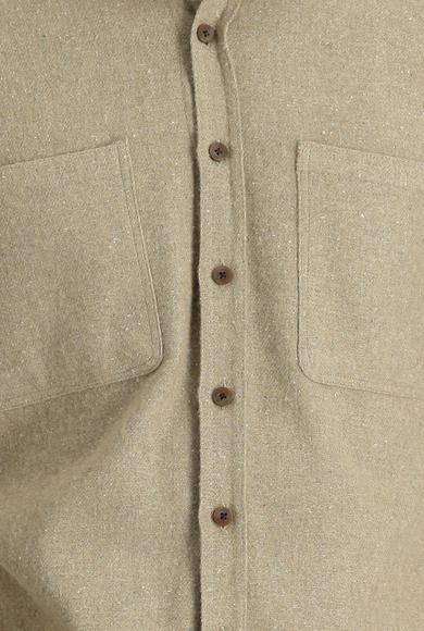 Erkek Giyim - ORTA BEJ XL Beden Uzun Kol Slim Fit Oduncu Gömlek