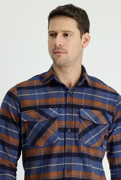 Erkek Giyim - HAVACI MAVİ XL Beden Uzun Kol Ekose Shacket Oduncu Gömlek