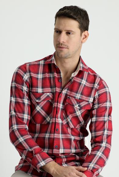 Erkek Giyim - BAYRAK KIRMIZI XL Beden Uzun Kol Slim Fit Oduncu Ekose Gömlek