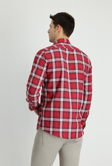 Erkek Giyim - BAYRAK KIRMIZI XL Beden Uzun Kol Slim Fit Oduncu Ekose Gömlek
