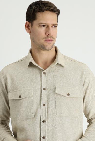 Erkek Giyim - AÇIK BEJ XXL Beden Uzun Kol Slim Fit Desenli Shacket Oduncu Gömlek