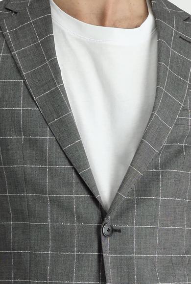 Erkek Giyim - ORTA GRİ 46 Beden Regular Fit Kareli Ceket
