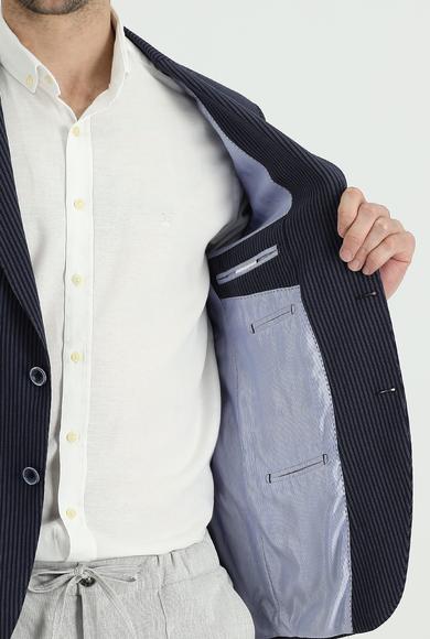Erkek Giyim - KOYU LACİVERT 46 Beden Slim Fit Klasik Çizgili Ceket