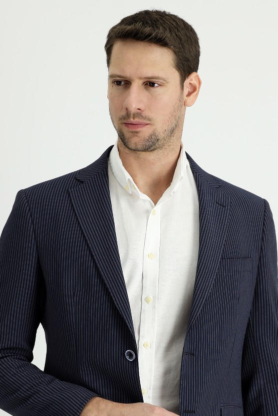 Erkek Giyim - Slim Fit Klasik Çizgili Ceket