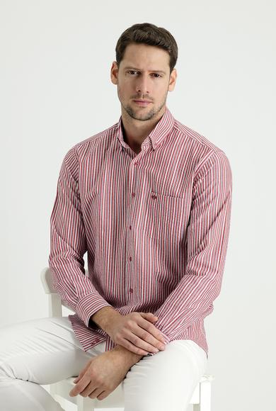 Erkek Giyim - BAYRAK KIRMIZI 3X Beden Uzun Kol Regular Fit Çizgili Spor Gömlek