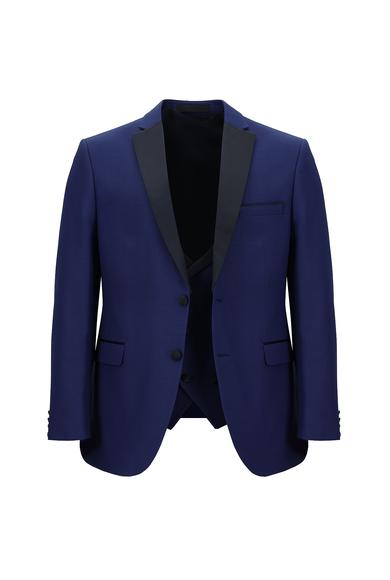 Erkek Giyim - ORTA LACİVERT 52 Beden Slim Fit Yünlü Mono Yaka Yelekli Smokin & Damatlık