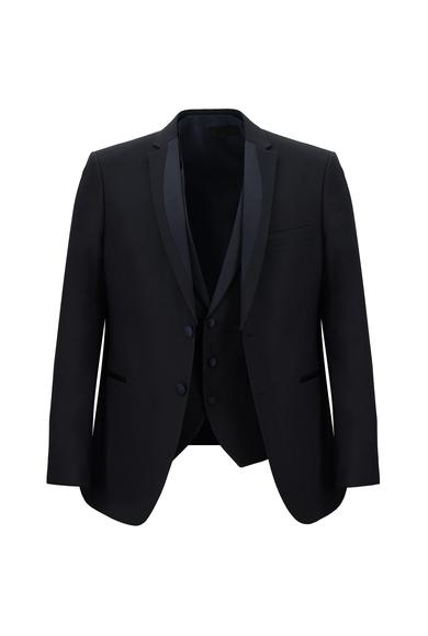 Erkek Giyim - KOYU LACİVERT 46 Beden Slim Fit Mono Yaka Yelekli Smokin & Damatlık