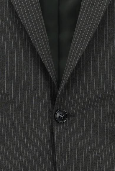 Erkek Giyim - ORTA ANTRASİT 62 Beden Süper Slim Fit Klasik Çizgili Takım Elbise