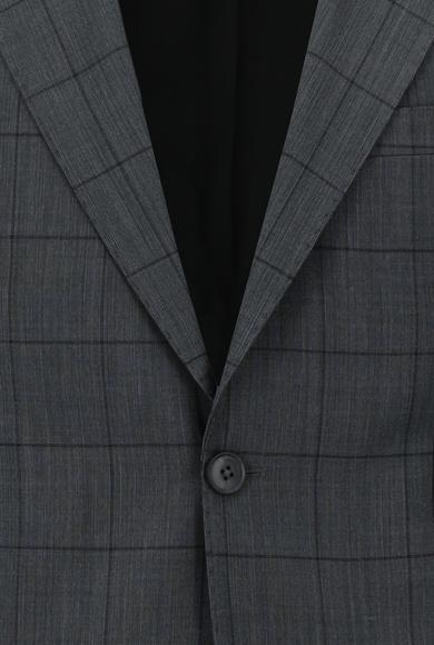 Erkek Giyim - ORTA ANTRASİT 50 Beden Slim Fit Yünlü Kareli Takım Elbise