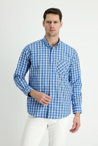 Erkek Giyim - MAVİ 4X Beden Uzun Kol Regular Fit Ekose Gömlek