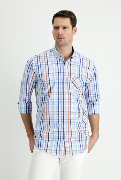 Erkek Giyim - MAVİ M Beden Uzun Kol Regular Fit Ekose Gömlek