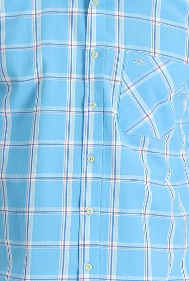 Erkek Giyim - ORTA TURKUAZ XL Beden Uzun Kol Regular Fit Ekose Gömlek