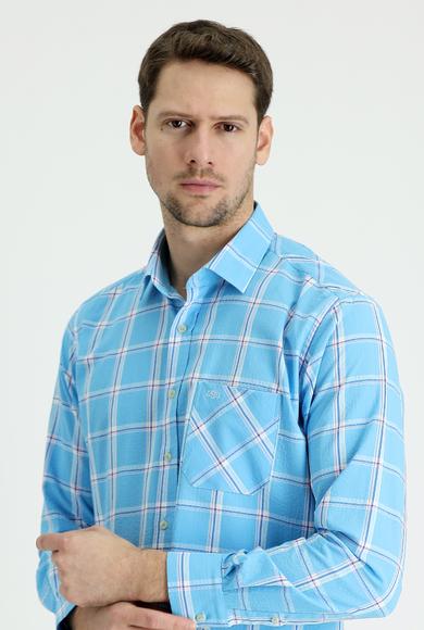 Erkek Giyim - ORTA TURKUAZ XL Beden Uzun Kol Regular Fit Ekose Gömlek