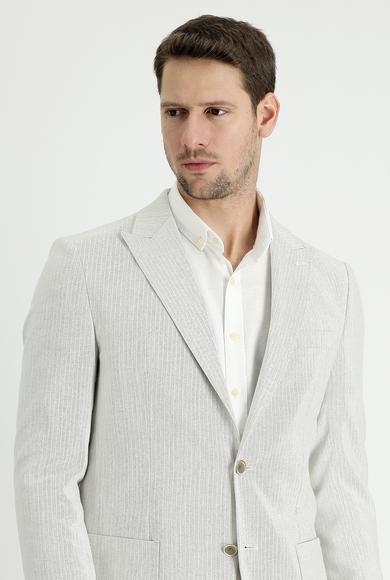 Erkek Giyim - AÇIK GRİ 54 Beden Relax Fit Çizgili Keten Ceket