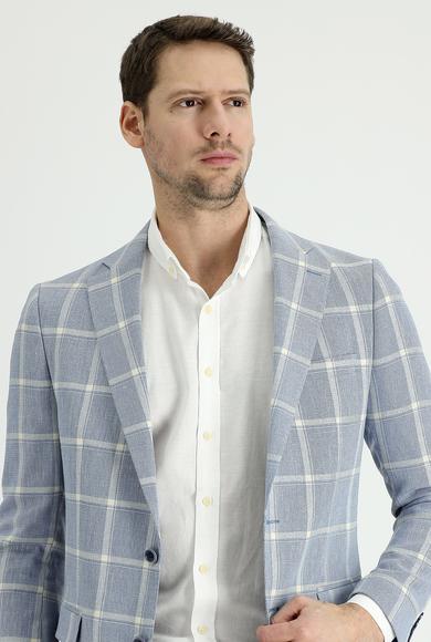 Erkek Giyim - MAVİ 52 Beden Regular Fit Ekose Keten Ceket