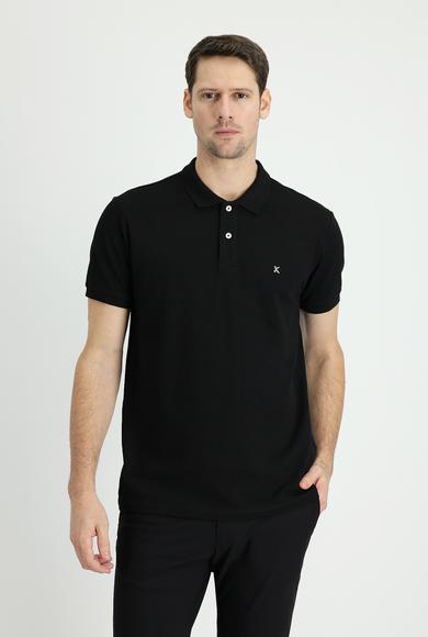 Erkek Giyim - SİYAH XXL Beden Polo Yaka Slim Fit Nakışlı Tişört