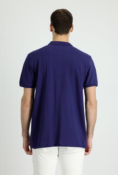 Erkek Giyim - ORTA LACİVERT 3X Beden Polo Yaka Slim Fit Nakışlı Tişört