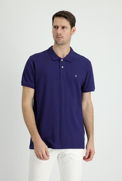 Erkek Giyim - ORTA LACİVERT M Beden Polo Yaka Slim Fit Nakışlı Tişört