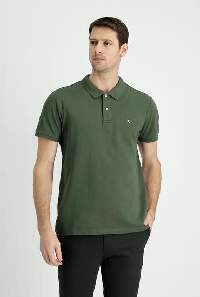 Erkek Giyim - ORTA HAKİ XXL Beden Polo Yaka Slim Fit Nakışlı Tişört