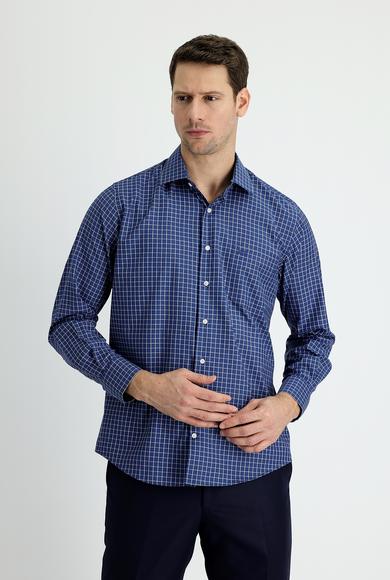 Erkek Giyim - KOYU LACİVERT XL Beden Uzun Kol Regular Fit Kareli Gömlek