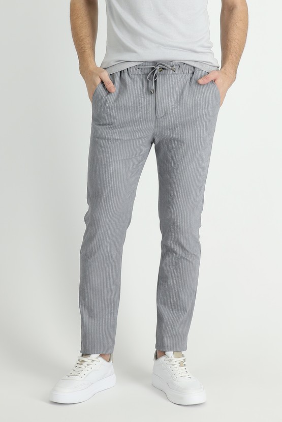 Erkek Giyim - Slim Fit Beli Lastikli İpli Çizgili Klasik Pantolon