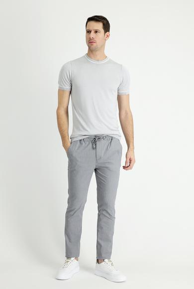 Erkek Giyim - ORTA GRİ 54 Beden Slim Fit Beli Lastikli İpli Çizgili Klasik Pantolon