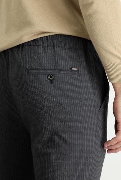 Erkek Giyim - SİYAH 52 Beden Slim Fit Beli Lastikli İpli Çizgili Klasik Pantolon