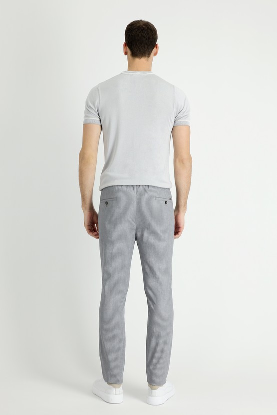 Erkek Giyim - Slim Fit Beli Lastikli İpli Çizgili Klasik Pantolon