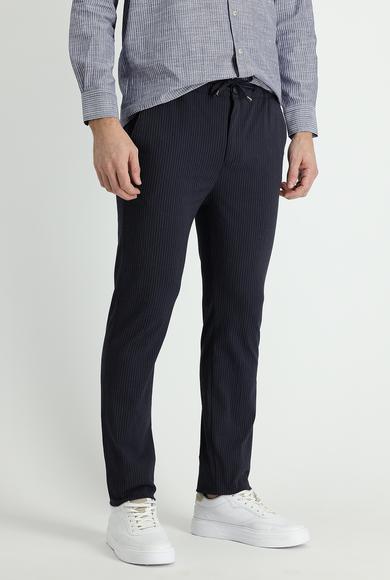 Erkek Giyim - KOYU LACİVERT 54 Beden Slim Fit Beli Lastikli İpli Çizgili Klasik Pantolon