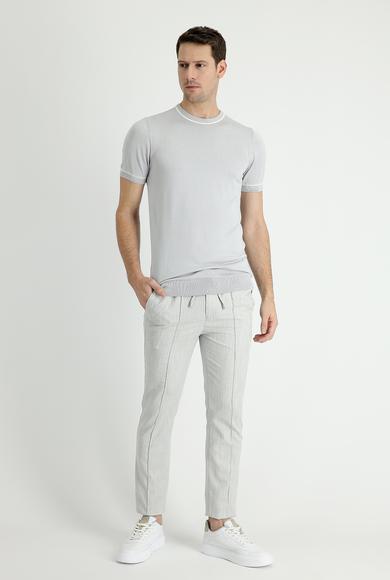 Erkek Giyim - AÇIK GRİ 56 Beden Slim Fit Beli Lastikli İpli Desenli Keten Pantolon