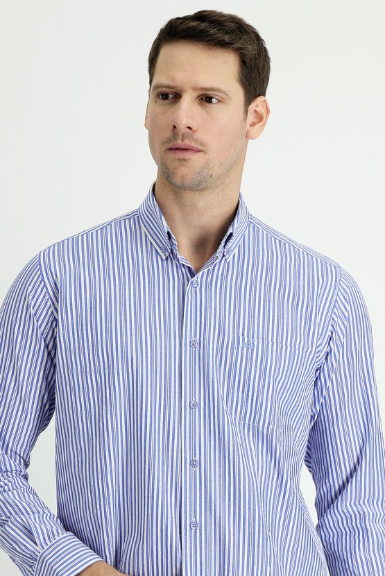 Erkek Giyim - Uzun Kol Regular Fit Çizgili Spor Gömlek